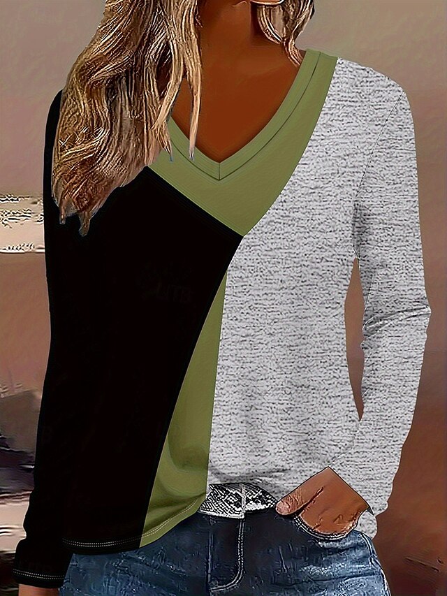 Women's T Shirt Graphic Geometric Color Block Vintage Stylish Classic Long Sleeve V Neck Regular Tops Daily Print Sage Green Spring Fall Winter4