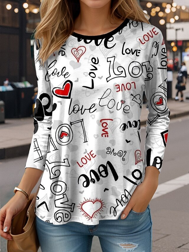 Women's T Shirt Graphic Letter Abstract Vintage Fashion Stylish Long Sleeve Crew Neck Regular Tops Daily Print Black White Red Spring Fall4