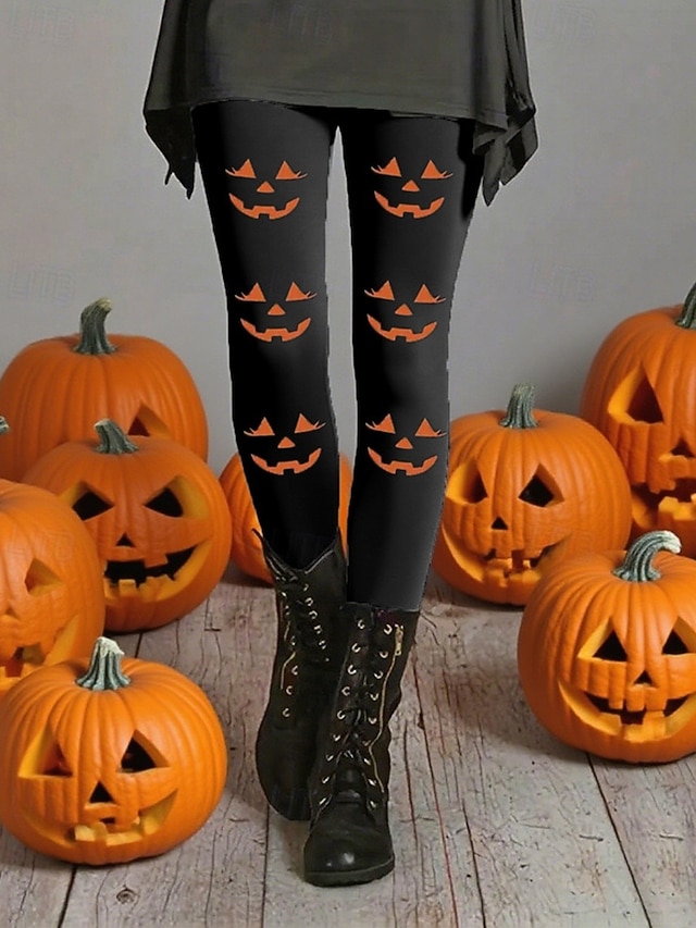  Dam Byxor Damasker Mysiga leggings Streetwear Ledigt Fullängd Hög midjaPantsHalloween Grafisk Elastisk midja Mönster Mateial som andas Bekväm Elastisk Semester Gata Dagliga kläder Svart Sommar Vår
