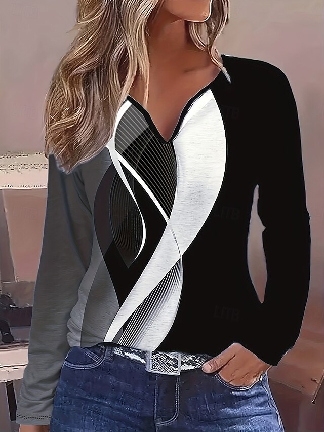 Women's T Shirt Graphic Abstract Geometry Vintage Stylish Classic Long Sleeve V Neck Notched Neck Regular Tops Daily Weekend Print Black and White Spring Fall Winter4