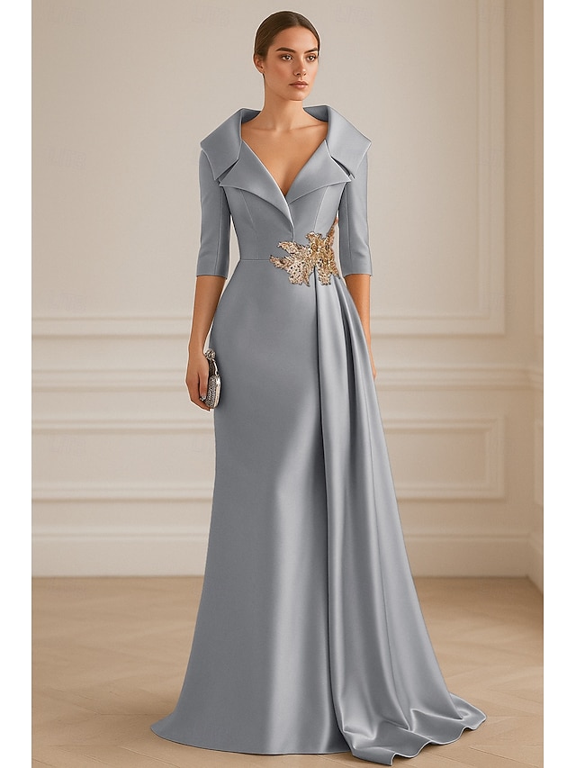  Vestido de noite azul e preto, elegante, formal, para casamento, comprimento até o chão, manga curta, lapela, cetim elástico com pregas, 2025