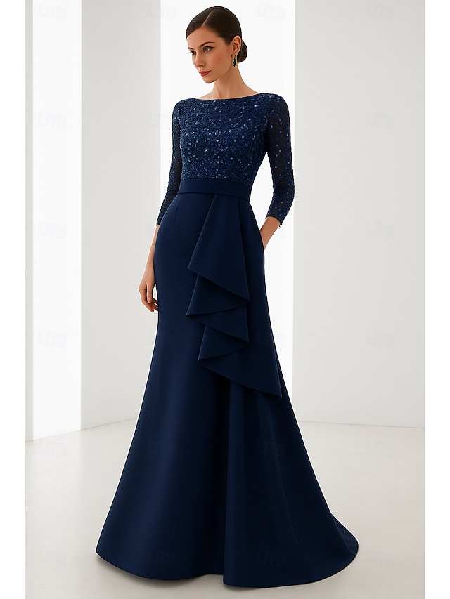  blau-schwarzes Meerjungfrau-Abendkleid, elegantes Kleid, formelle Hochzeit, bodenlang, lange Ärmel, U-Boot-Ausschnitt, Champagner, Satinkleid für die Brautmutter mit Glitzerrüschen 2025
