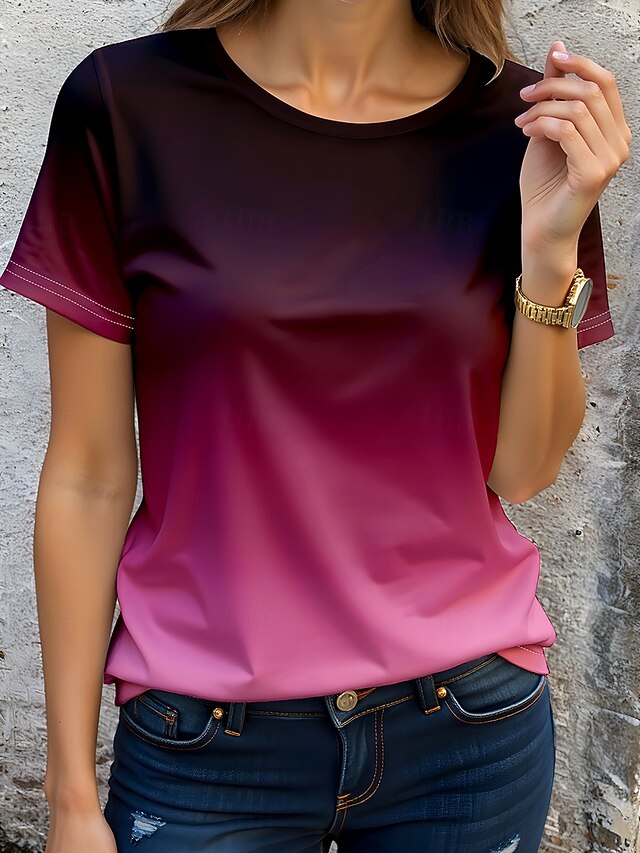 Women's T Shirt Ombre Graphic Gradient Vintage Stylish Classic Short Sleeve Crew Neck Round Neck Regular Tops Daily Weekend Print Fuchsia Summer Spring Fall4