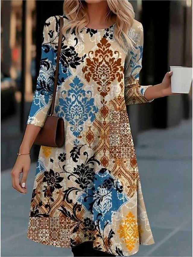 Women's Midi Dress Sheath Dress T Shirt Dress Tee Dress A Line Dress Athletic Dress Vacation Casual Boho Daily Regular Fit Floral Graphic Geometric Long Sleeve Crew Neck Light Brown Light Grey Summer4