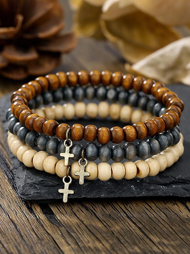  Ensemble de bracelets en bois pour hommes avec croix et perles – Bracelets extensibles de style rustique naturel pour un usage décontracté, de plage ou spirituel