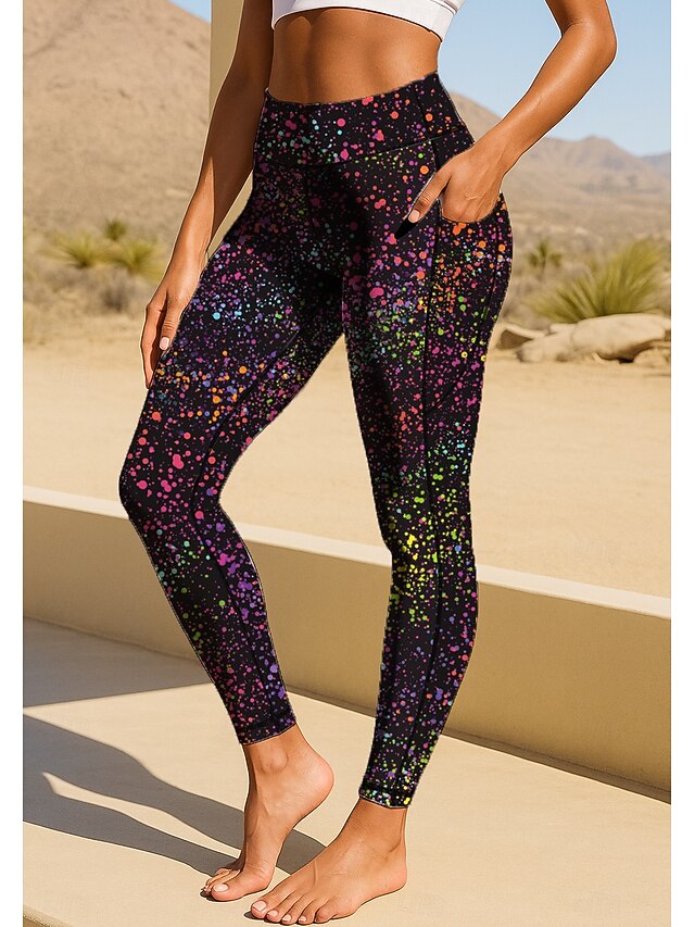 Women's pilates leggings fitness pants Gym Leggings Pockets Stamp Duty Side Pockets Pilates Gym Gym Workout Pants Tights Leggings Graphic Abstract Graffiti Black Sports Activewear Stretchy Tight Fit4