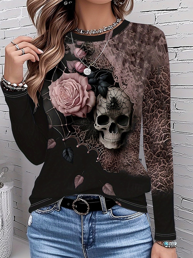  Dámské tričko s grafikou lebek květinové vintage stylové klasické s dlouhým rukávem kulatý výstřih pravidelné topy každodenní potisk prachová růžová jaro podzim zima