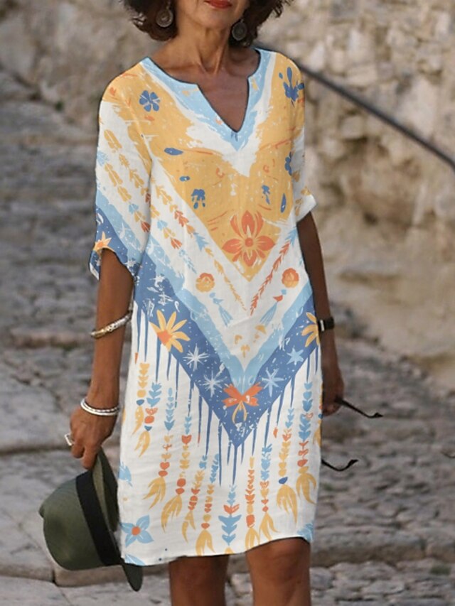 Women's Midi Dress Casual Dress Print Dress Fashion Modern Daily Beach Weekend Regular Fit Graphic 3/4 Length Sleeve Crew Neck Yellow Orange Summer Spring Fall Autumn4