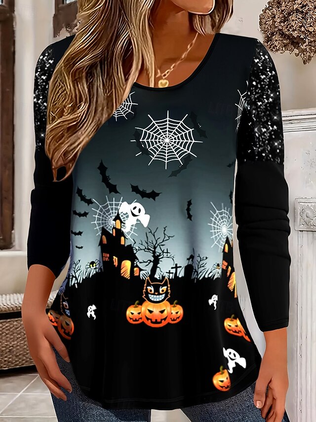 Halloween Women's T Shirt Spider Web Graphic Pumpkin Vintage Stylish Classic Long Sleeve Crew Neck Round Neck Regular Tops Daily Print Black Spring Fall Winter4