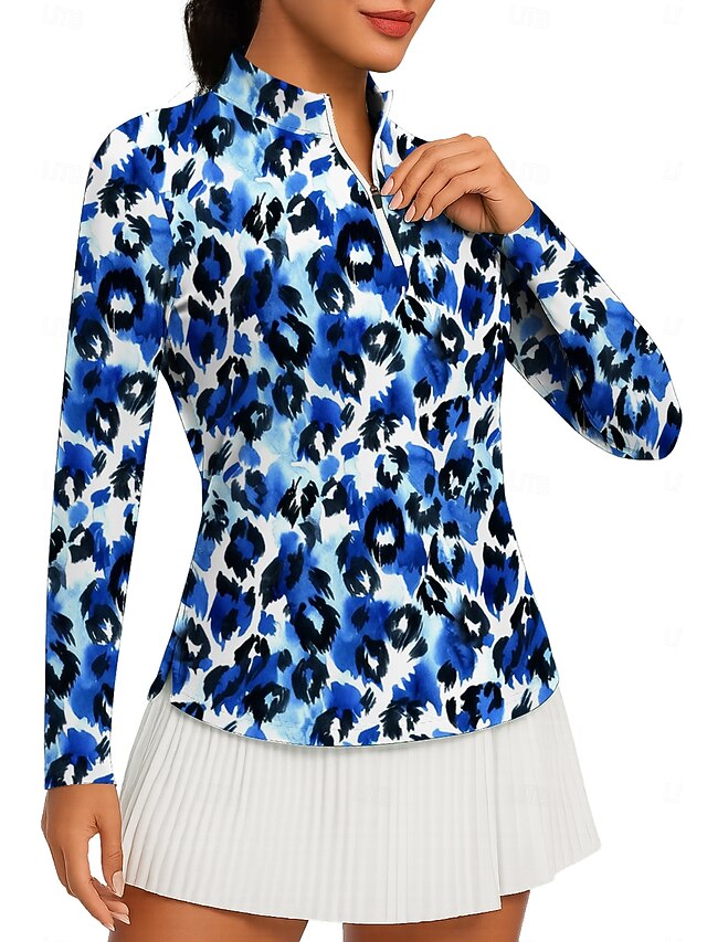 Women's Animal Leopard Tops Golf Polo Shirt Tennis Shirt Long Sleeve Print Quarter Zip Pullover UV Protection Elastic Breathable Tennis Golf Pickleball Stand Collar Zip Collar Shirt Polo Blue and4