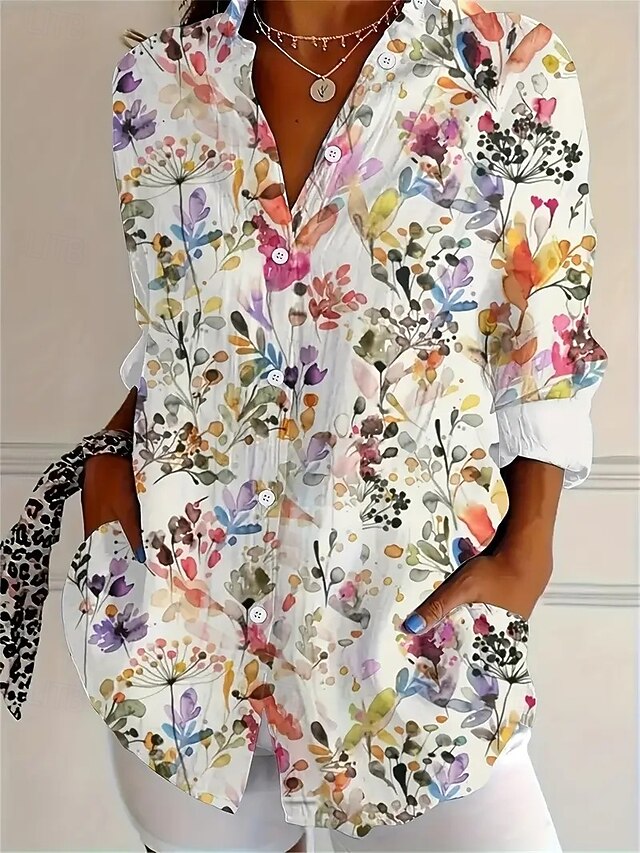 Women's Shirt Button Down Tunic Shirt Collar Long Sleeve Floral Graphic Bohemia Vintage Casual Regular Tops Work Daily Holiday s Print White Spring Fall Winter4