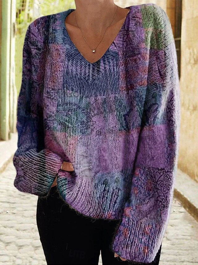 Women's Blouse Color Block Stylish Modern Long Sleeve V Neck Long Tops Daily Holiday Print Purple Spring Fall Winter4