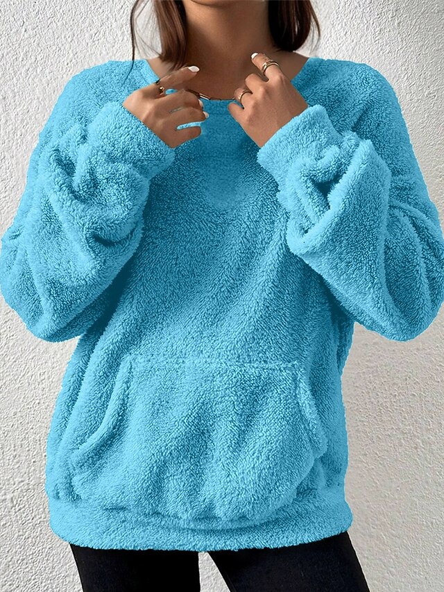 Women's Hoodies Plain Streetwear Casual Long Sleeve Crew Neck Regular Tops Street Holiday Pocket Blue Fall Winter4