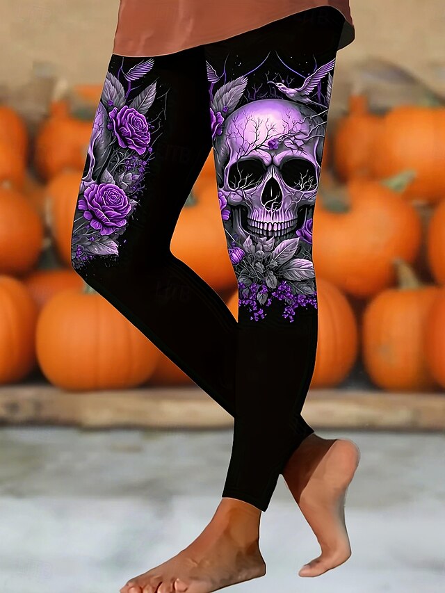 Women's Leggings Vacation Vintage Full Length High WaistPantsHalloween Graphic Skull Halloween Printing Thermal Warm Soft Breathable Stretchy Outdoor Holiday Violet White Orange Spring Fall Slim Fit4
