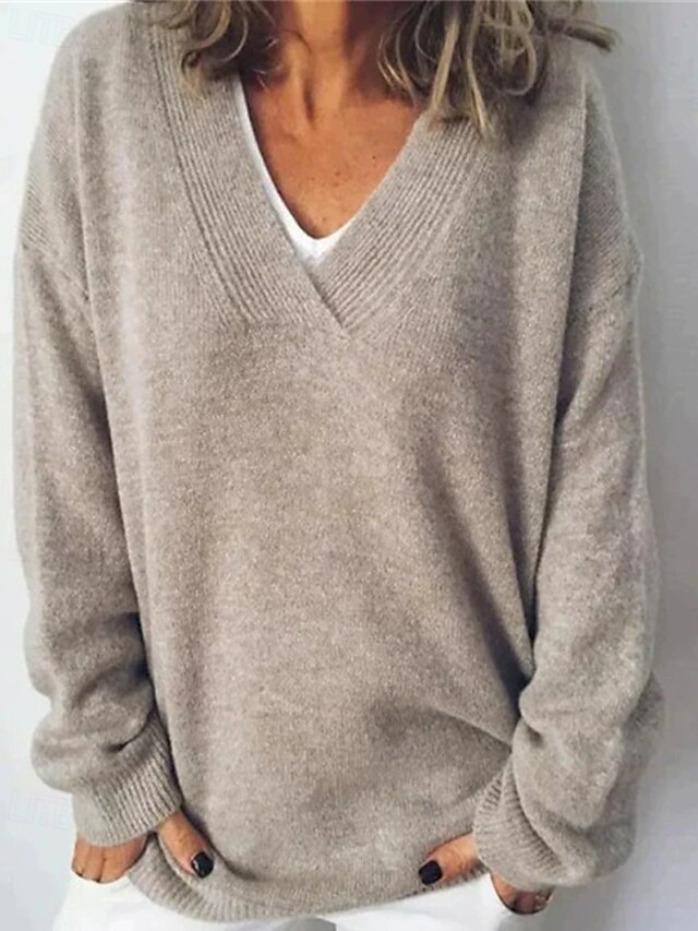 Women's Sweater Fashion Solid Color Ribbed V Neck Knitted Long Sleeve Regular Tops Knit Holiday Going out Weekend Khaki Winter4