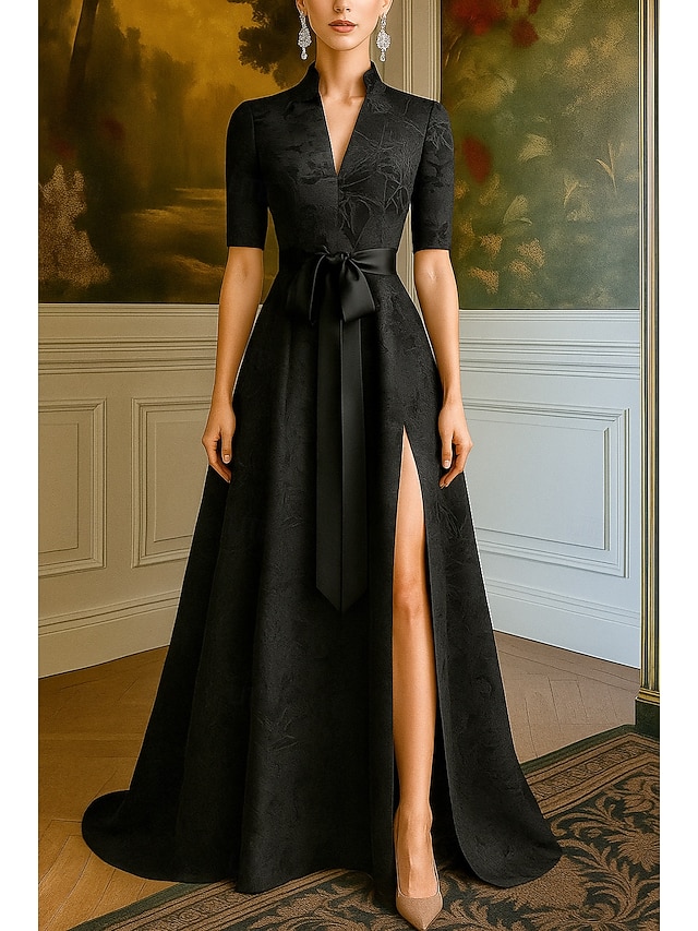  abito da sera elegante in broccato jacquard con cravatta nera, abito formale da sposa, lunghezza al pavimento, manica a 3/4, scollo a V, tasca in nylon con fiocco/i, spalline 2025