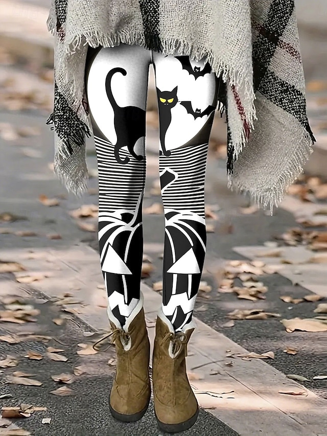  Dam Leggings Semester Vintage Mode Hel längd Högmidjad Grafik Djur Katt Tryck Termisk Varm Mjuk Andas Stretchy Formell Utomhus Semester Svart Orange Grön Regnbåge Vår Höst Slim