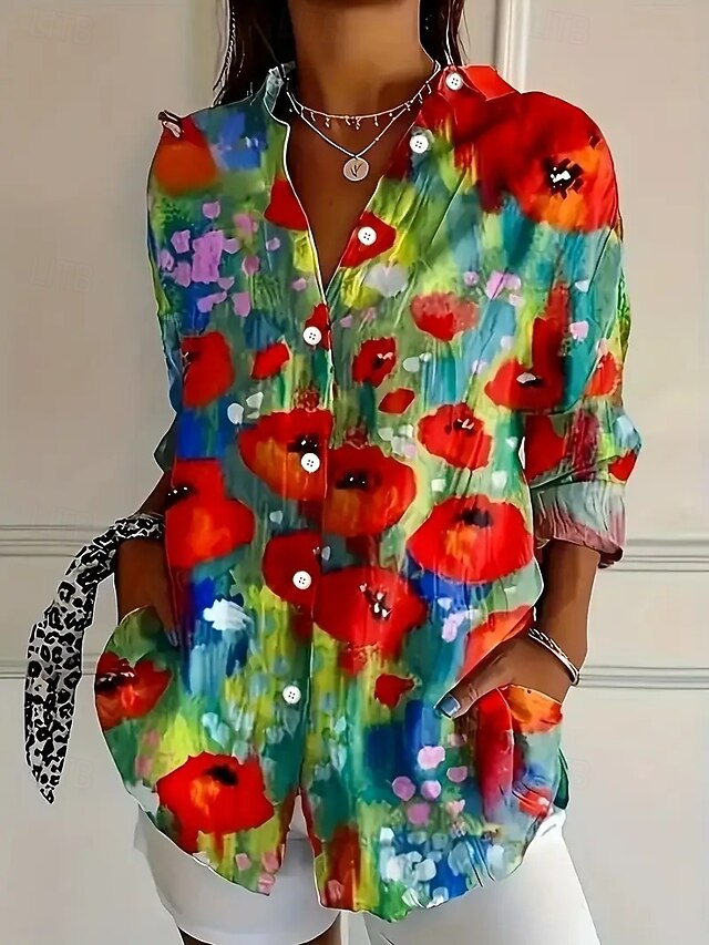 Women's Shirt Button Down Tunic Shirt Collar Long Sleeve Floral Graphic Vintage Tropical Stylish Regular Tops Work Daily s Print Red Spring Fall Winter4