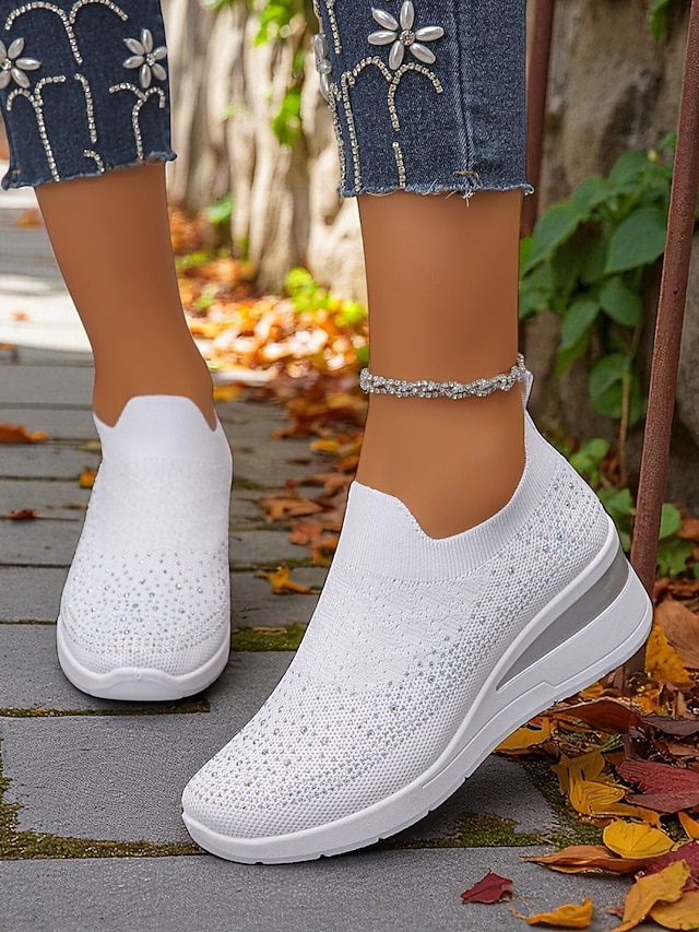  Pinke Flyknit-Slip-On-Sneaker mit Strasssteinen für Damen – atmungsaktive, leichte Keilschuhe zum Spazierengehen, für Fitness und den lässigen Alltag