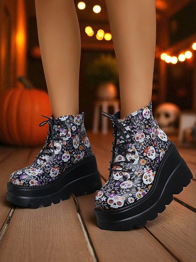  Botas femininas pretas plataforma com cadarço e caveira - botas góticas de cano curto com sola grossa para festas de outono, cosplay e dia dos mortos