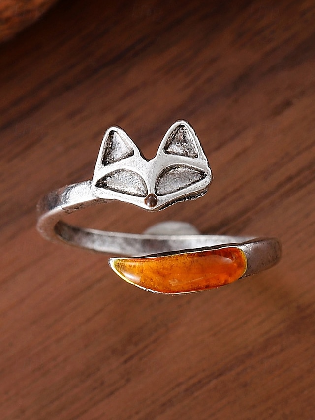  Bague ajustable en alliage pour femme, motif renard – anneau ouvert en forme d'animal mignon avec accent ambré pour filles et femmes, idéal pour un usage quotidien, comme cadeau ou pour une tenue décontractée.