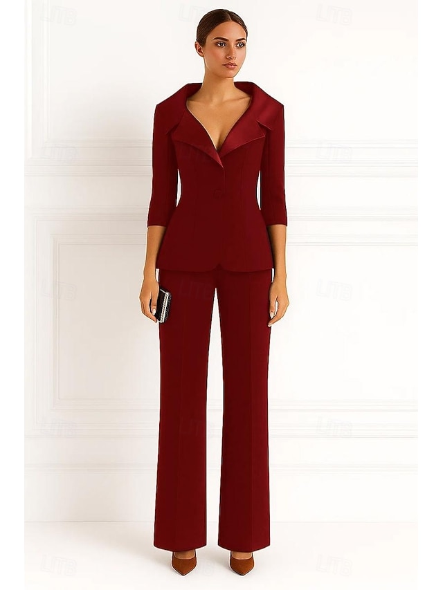  Femmes costumes 2 pièces Formel robe demoiselle d honneur Soirée Formelle Crêpe Extensible Élégant Simple Manches 3/4 plissées Longueur au sol Revers crantés