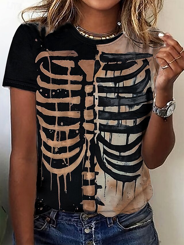 Halloween Women's T Shirt Skulls Graphic Skeleton Vintage Stylish Classic Short Sleeve Crew Neck Regular Tops Daily Weekend Print Black Fall Winter4
