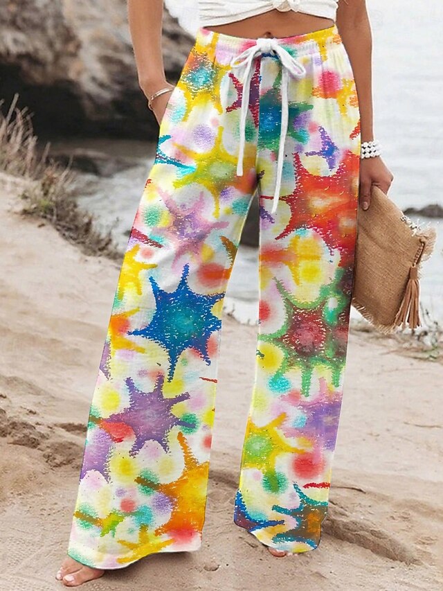 Women's Wide Leg Pants Trousers Vacation Casual Long High Waist Sun Elastic Waist Printing High Cut Breathability Soft Micro-elastic Vacation Street Daily Wear Yellow Spring Fall Regular Fit4