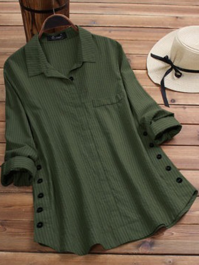  Femmes Chemise Chemisier Rayé Moderne Occasionnel manche longue Col de chemise Hauts Réguliers Quotidien Fête Sortir Boutons Jaune Vert Automne