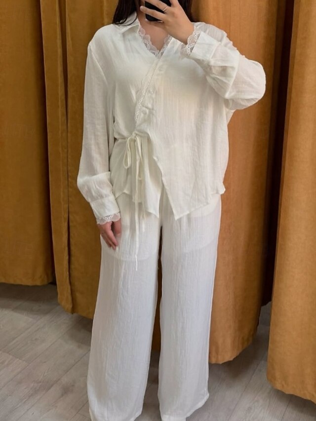 Women's Active Fashion Blouse Pants Sets Long Sleeve Shirt Collar Solid Color Lace Patchwork Outdoor Vacation Holiday White Navy Blue Light Blue Fall Regular Fit4