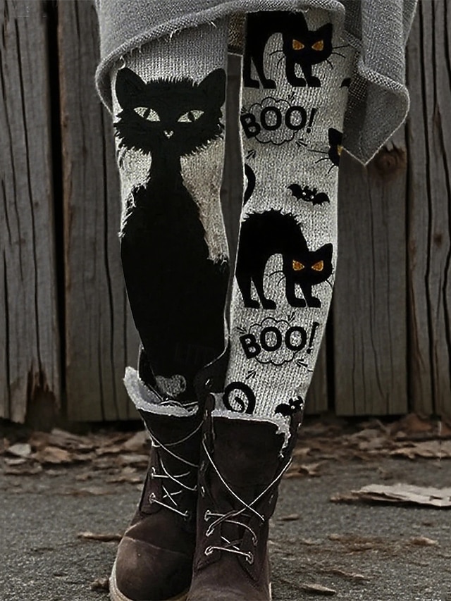  女性用 パンツ レギンス 心地よいレギンス ストリートファッション カジュアル 全長 ハイウエストPantsHalloween 猫 弾性ウエスト プリント 通気性 快適 伸縮性あり バケーション ストリート デイリーウェア ブラック 春 秋 レギュラー