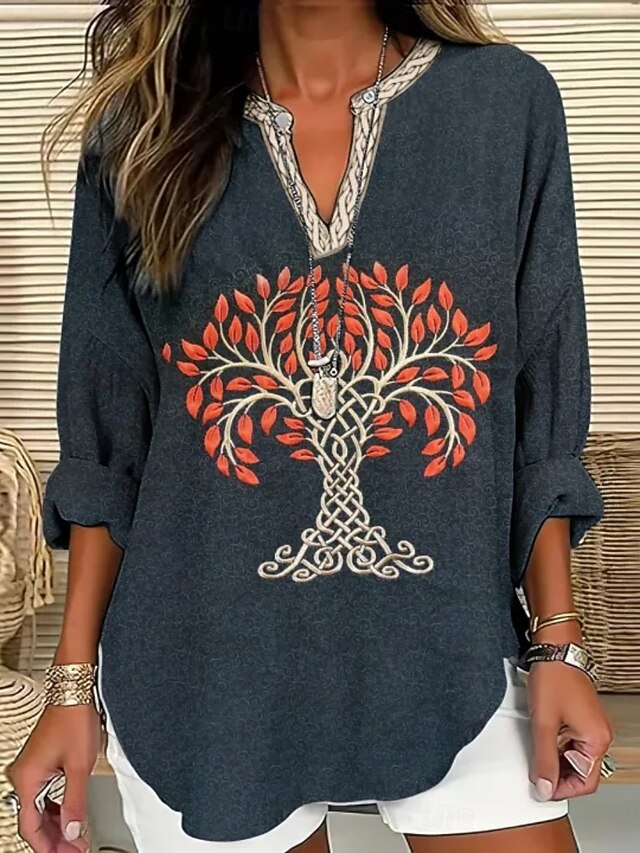 Women's Shirt Floral Daily Retro Vintage Long Sleeve V Neck Regular Tops Daily Holiday Print Navy Blue Summer Spring Fall4