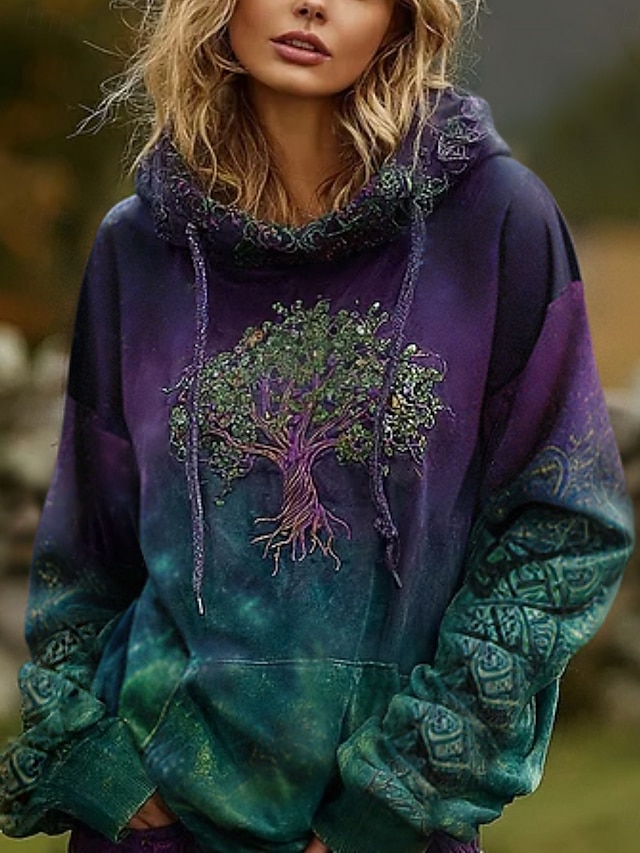  Dámské mikiny s kapucí s potiskem Vintage Denní ležérní Dlouhý rukáv Výstřih do V Regular Tops Tričko Kmenový Strom života Vintage Designer Dovolená Pouliční oblečení Jdeme ven Denní Svátek Potisk Víno Červená Tmavě Zelená Podzim Zima