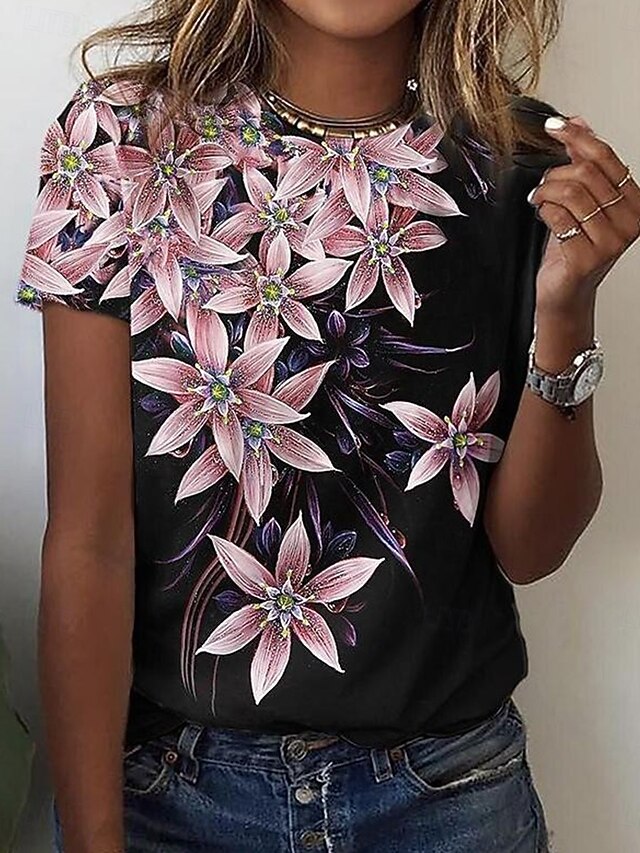 Women's T Shirt Floral Graphic Plants Vintage Stylish Classic Short Sleeve Crew Neck Round Neck Regular Tops Daily Print Black Blue Orange Summer Spring4