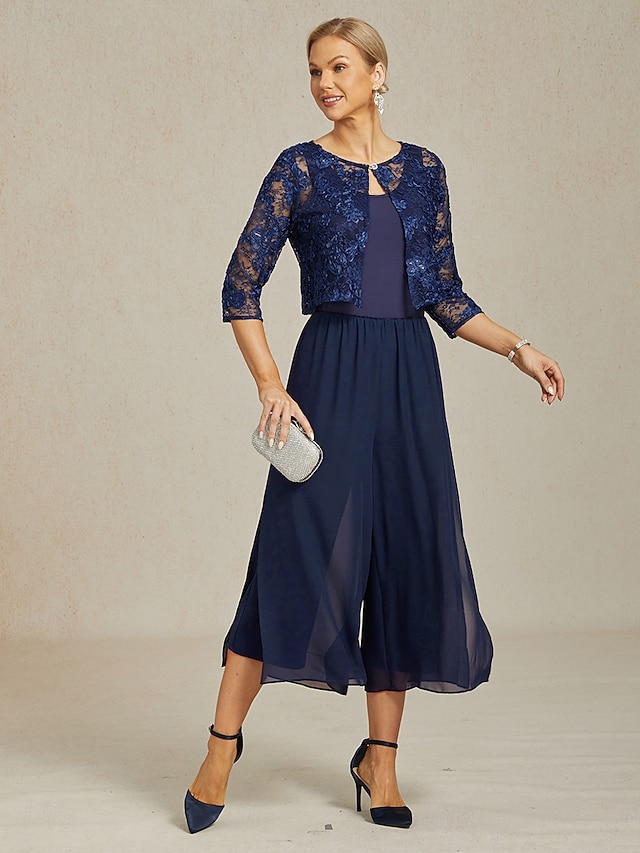  damejakke blazer blonder brodert paljett illusjonsblonder elegant blomstermønster formell jubileumsfest bryllupsgjest åpen front kort rund hals normal passform 3/4-ermet yttertøy marineblå