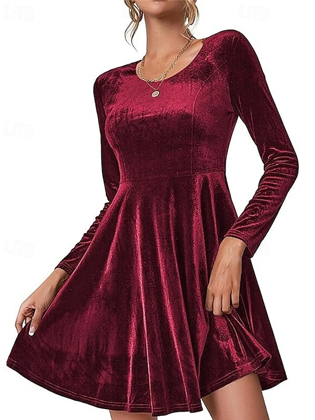 Women's Party Dress Velvet Dress Cocktail Dress Midi Dress Black Burgundy Royal Blue Long Sleeve Pure Color Patchwork Spring Fall Winter Crew Neck Fashion Winter Dress Christmas Wedding Guest main image 0