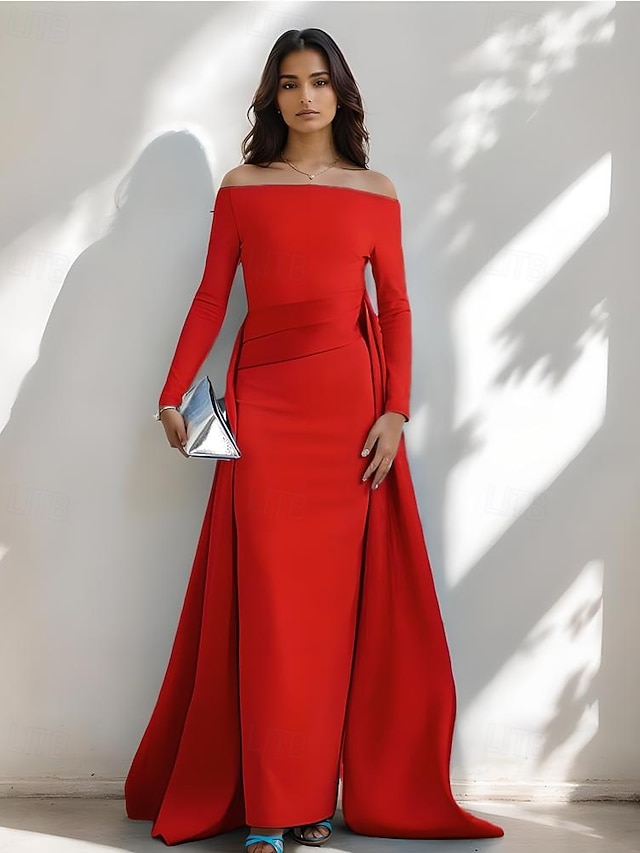  abito da sera a trapezio elegante in crepe elasticizzato con gonna in raso a pieghe formale da sposa lungo fino al pavimento manica lunga spalle scoperte 2025