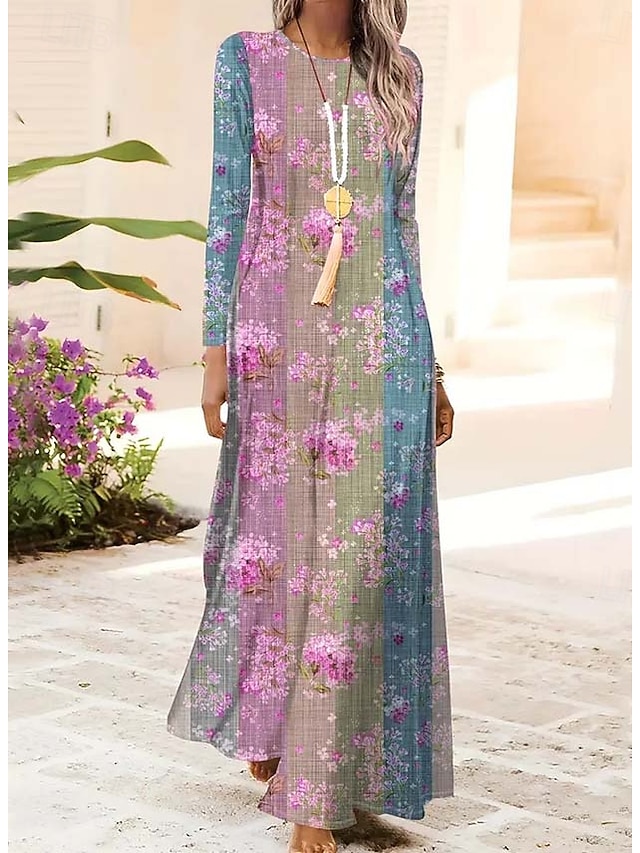  Pentru femei Rochie Maxi Rochie de schimb Rochie A line Petrecere Casual Boho Zilnic Dată Ieșire Fit regulat Floral Grafic Cravată Manșon Lung Stil Nautic Verde Deschis Roz Îmbujorat Albastru piscin