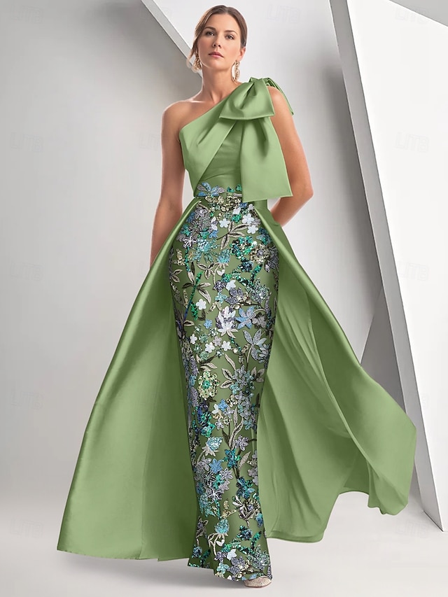  Robe de Soirée A-Line Élégante Robe Formelle Invitée de Mariage Longueur Sol Sans Manches Épaule Unique Satin avec Nœud(s) Fente Broderie