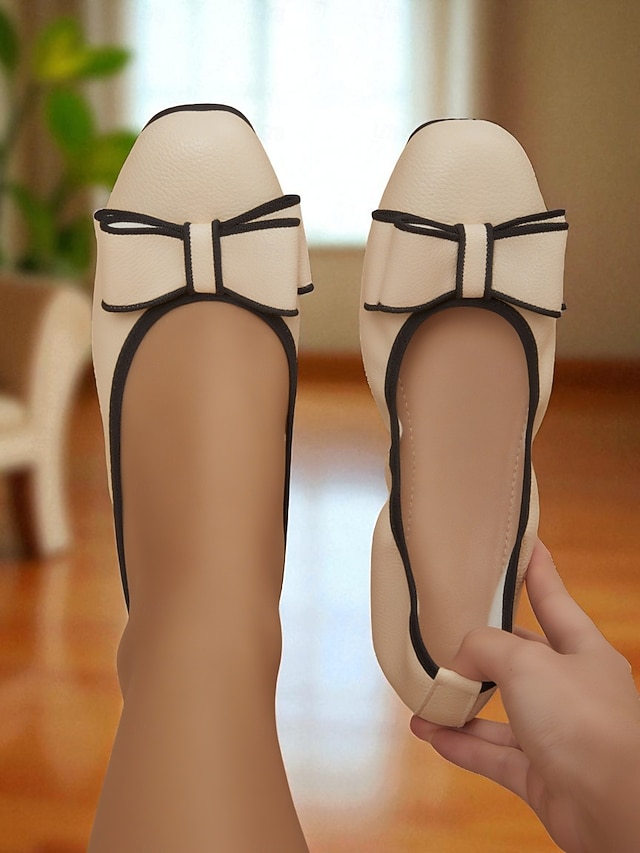  Ballerines en similicuir crème pour femmes - chaussures à enfiler à bout rond avec bordure noire et nœud décoratif, chaussures confortables pour un usage décontracté, au bureau et au quotidien