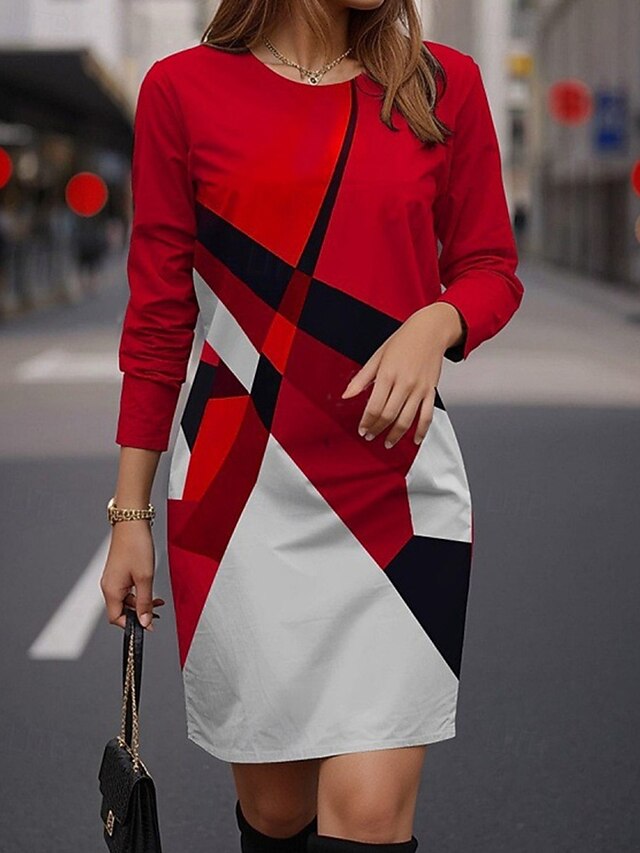 Women's Mini Dress Casual Dress Print Dress Fashion Modern Daily Date Weekend Regular Fit Geometric Color Block Long Sleeve V Neck Pink Red Gray Spring Fall4