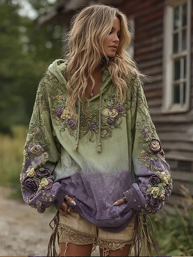  Women's 3D Print Vintage Boho Hoodie Patchwork Hoodie Sweatshirt Floral Pullover Sweatshirt Oversized Casual Warm Active Hooded Street Dailywear Patchwork Purple Spring Fall Winter