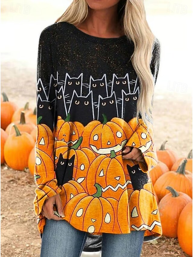 Halloween Women's T shirt Pumpkin Long Sleeve Graphic Vintage Stylish Classic Long Sleeve Crew Neck Round Neck Regular Tops Daily Print Black Orange Spring Fall Prefall3
