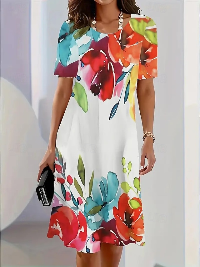  Damen Midikleid T-Shirt-Kleid Shiftkleid Sommerkleid Lässig Formell Täglich Normale Passform Blumen Abstrakt Kurzarm Rundhalsausschnitt Rote Blau Grün Sommer Frühling
