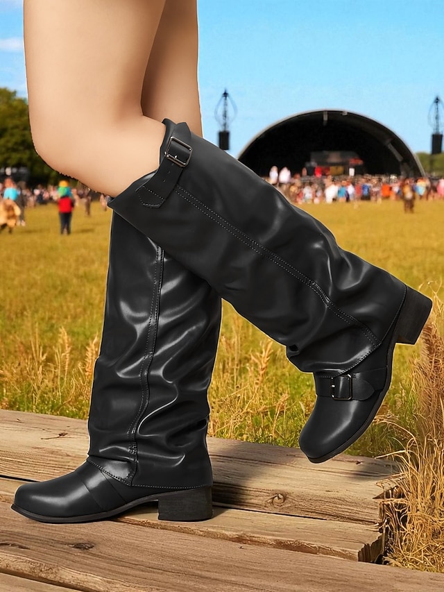  Bottes d'équitation marron pour femmes - style équestre souple en similicuir avec sangles à boucle et talon bas, chaussures décontractées d'automne et d'hiver pour événements en plein air, festivals