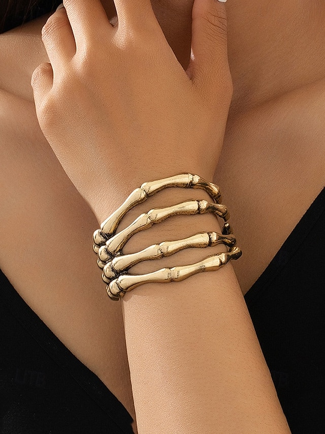 Bracciale rigido da donna con scheletro in osso di Halloween – bracciale rigido in lega gotica a 4 file con cerniera, regolabile, bigiotteria di tendenza per cosplay, feste e serate fuori