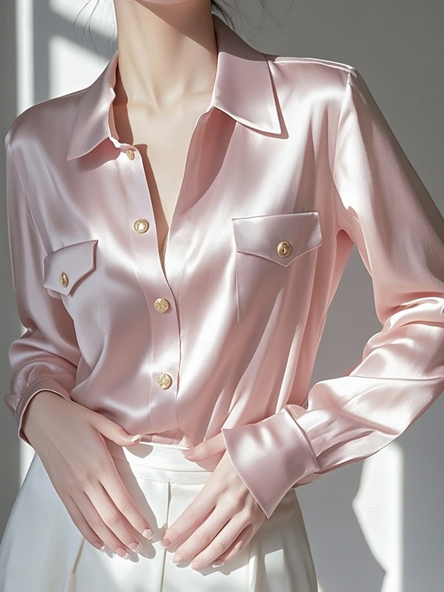  Femmes Chemise Chemisier Uni Actif Élégant manche longue Col de chemise Hauts Réguliers Travail Sortir Avec Poches Boutons Rose Claire Automne