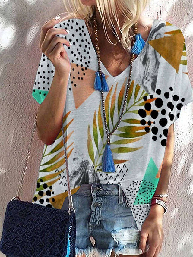 Women's T Shirt Floral Casual Short Sleeve V Neck Regular Tops Going out Weekend Print Gray Fall4