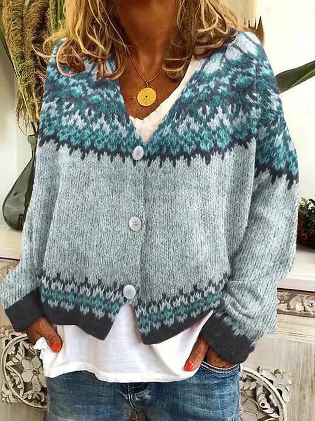  Damskie Sweter Sweter rozpinany Elegancja Moda Moda miejska Graficzny Geometryczny W serek Guziki Dzianiny Nadruk Długi rękaw Zwykłe topy Robić na drutach Na zewnątrz Codzienny Weekend Żółty Granatowy