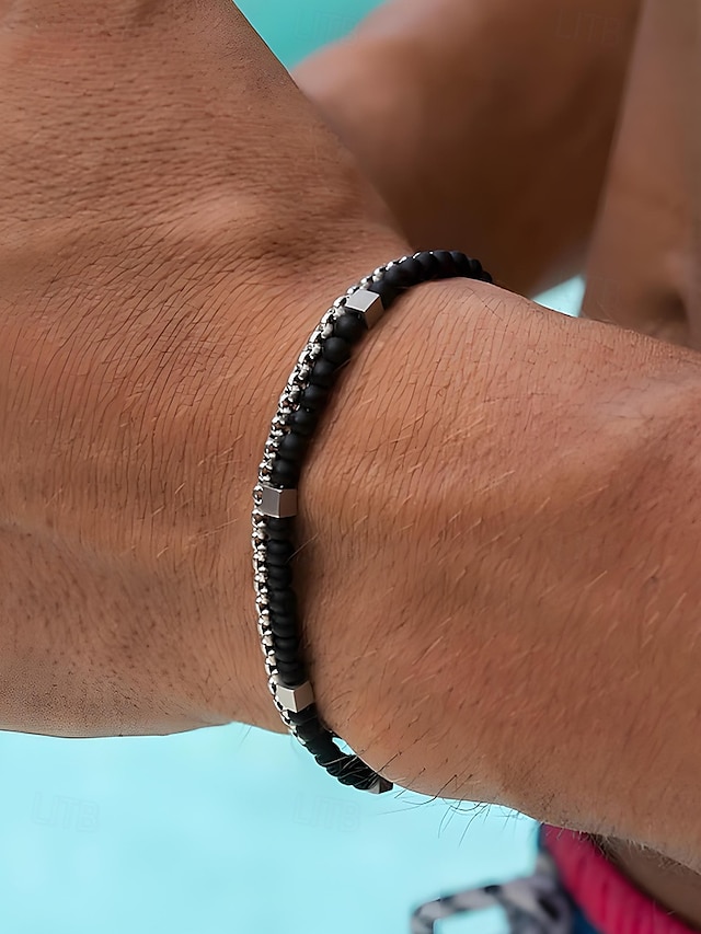  مجموعة أساور رجالية من الخرز الفيروزي والسلسلة الفضية - مجوهرات قابلة للتعديل على طراز شاطئ بوهو للملابس غير الرسمية والصيفية وملابس العطلات